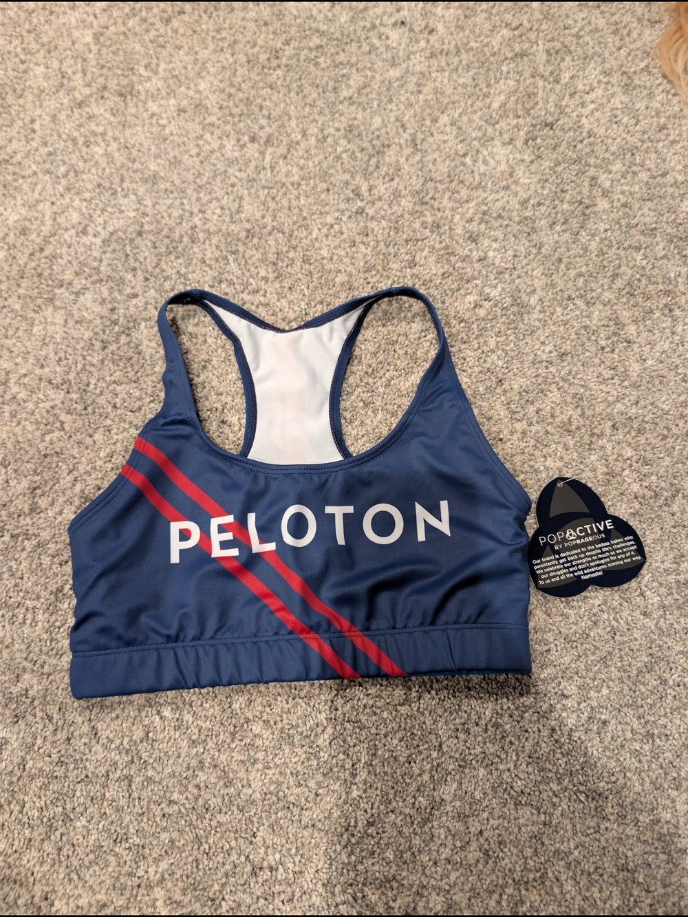 Peloton Navy Sports Bra with Red Diagonal Stripes